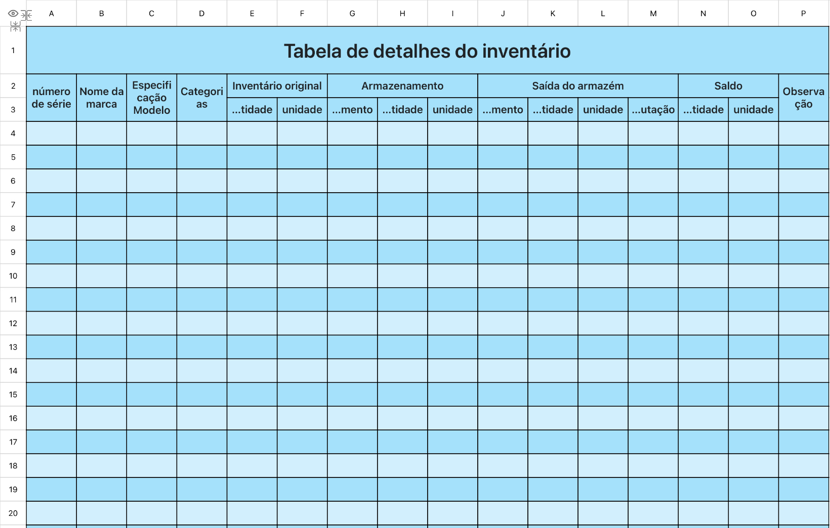 Tabela de detalhes do inventário